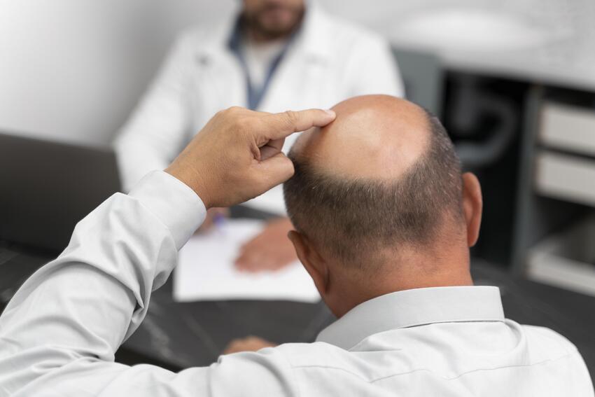 Patient discussing their hair loss condition with a stem cell specialist, detailing the extent of their hair thinning and bald patches